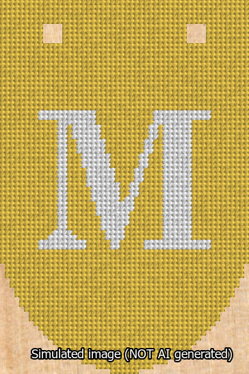 A simulated image of the stitched needlepoint design: Banner 13m Rounded M White on Yellow. Not A.I. generated.