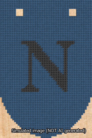 A simulated image of the stitched needlepoint design: Banner 13m Rounded N Black on Blue. Not A.I. generated.