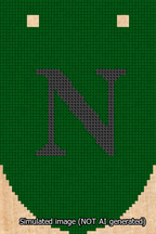 A simulated image of the stitched needlepoint design: Banner 13m Rounded N Black on Green. Not A.I. generated.