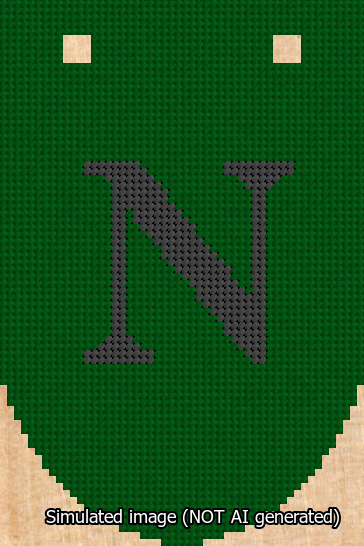 A simulated image of the stitched needlepoint design: Banner 13m Rounded N Black on Green. Not A.I. generated.