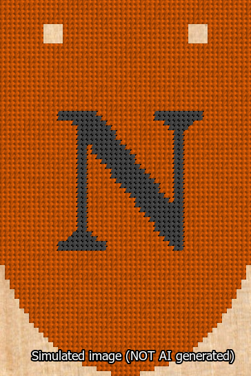 A simulated image of the stitched needlepoint design: Banner 13m Rounded N Black on Orange. Not A.I. generated.