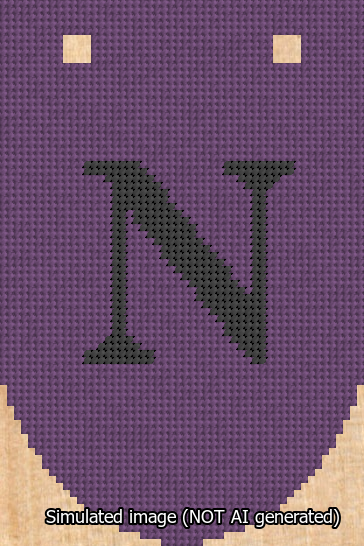 A simulated image of the stitched needlepoint design: Banner 13m Rounded N Black on Purple. Not A.I. generated.