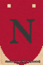 A simulated image of the stitched needlepoint design: Banner 13m Rounded N Black on Red. Not A.I. generated.