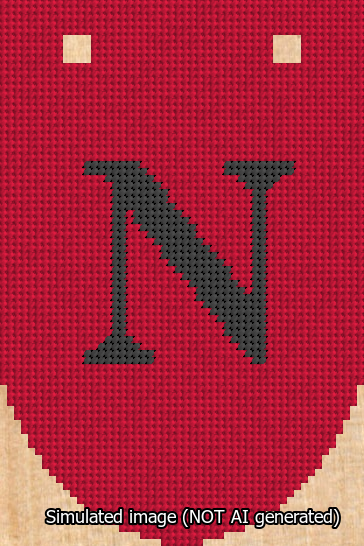 A simulated image of the stitched needlepoint design: Banner 13m Rounded N Black on Red. Not A.I. generated.