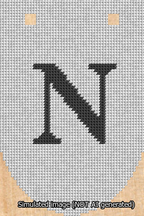 A simulated image of the stitched needlepoint design: Banner 13m Rounded N Black on White. Not A.I. generated.