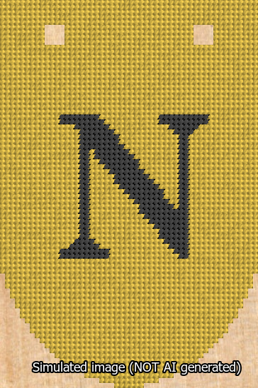 A simulated image of the stitched needlepoint design: Banner 13m Rounded N Black on Yellow. Not A.I. generated.