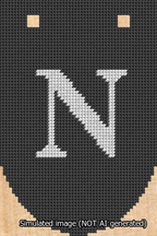A simulated image of the stitched needlepoint design: Banner 13m Rounded N White on Black. Not A.I. generated.