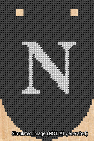 A simulated image of the stitched needlepoint design: Banner 13m Rounded N White on Black. Not A.I. generated.