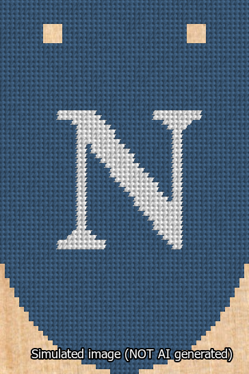 A simulated image of the stitched needlepoint design: Banner 13m Rounded N White on Blue. Not A.I. generated.