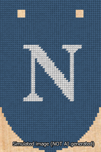A simulated image of the stitched needlepoint design: Banner 13m Rounded N White on Blue. Not A.I. generated.