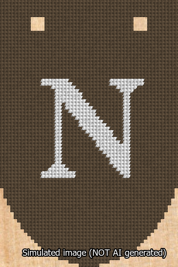 A simulated image of the stitched needlepoint design: Banner 13m Rounded N White on Brown. Not A.I. generated.