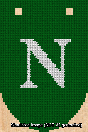 A simulated image of the stitched needlepoint design: Banner 13m Rounded N White on Green. Not A.I. generated.