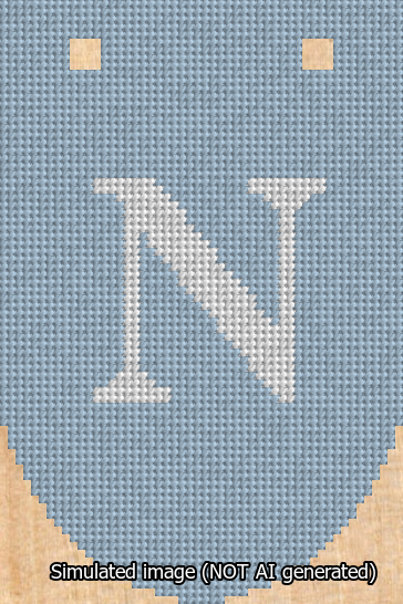 A simulated image of the stitched needlepoint design: Banner 13m Rounded N White on Light Blue. Not A.I. generated.
