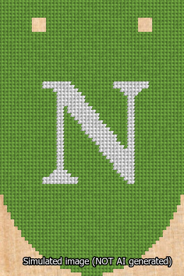 A simulated image of the stitched needlepoint design: Banner 13m Rounded N White on Light Green. Not A.I. generated.