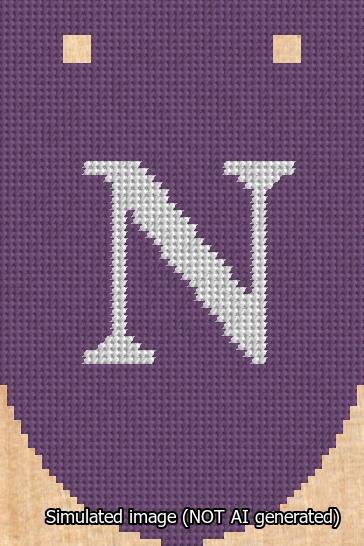 A simulated image of the stitched needlepoint design: Banner 13m Rounded N White on Purple. Not A.I. generated.