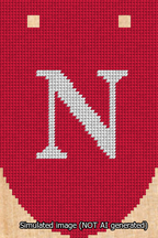 A simulated image of the stitched needlepoint design: Banner 13m Rounded N White on Red. Not A.I. generated.
