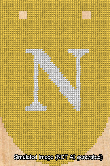 A simulated image of the stitched needlepoint design: Banner 13m Rounded N White on Yellow. Not A.I. generated.