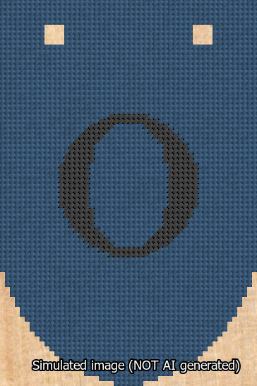 A simulated image of the stitched needlepoint design: Banner 13m Rounded O Black on Blue. Not A.I. generated.