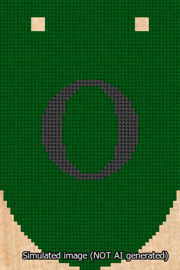 A simulated image of the stitched needlepoint design: Banner 13m Rounded O Black on Green. Not A.I. generated.