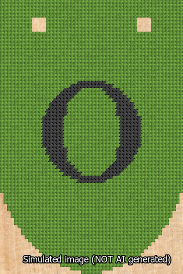 A simulated image of the stitched needlepoint design: Banner 13m Rounded O Black on Light Green. Not A.I. generated.