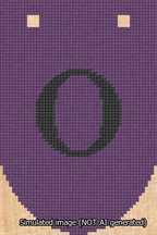 A simulated image of the stitched needlepoint design: Banner 13m Rounded O Black on Purple. Not A.I. generated.