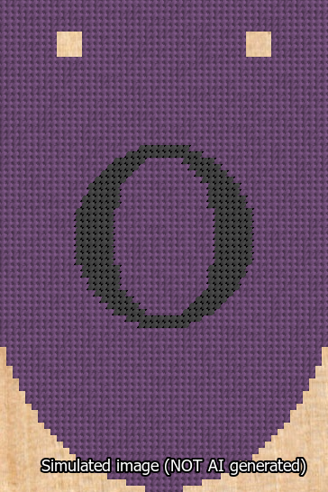 A simulated image of the stitched needlepoint design: Banner 13m Rounded O Black on Purple. Not A.I. generated.