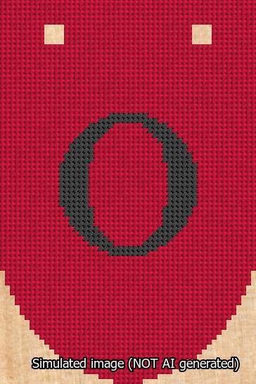 A simulated image of the stitched needlepoint design: Banner 13m Rounded O Black on Red. Not A.I. generated.