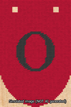 A simulated image of the stitched needlepoint design: Banner 13m Rounded O Black on Red. Not A.I. generated.