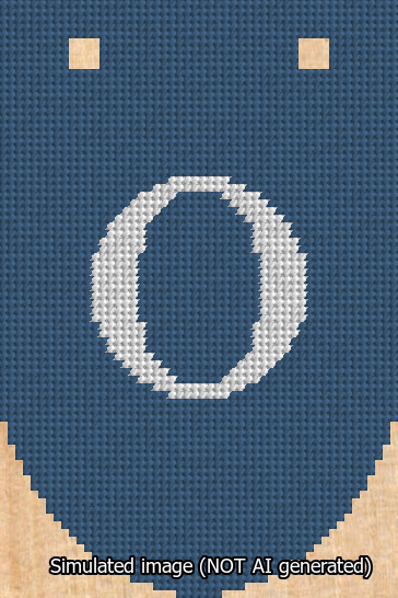 A simulated image of the stitched needlepoint design: Banner 13m Rounded O White on Blue. Not A.I. generated.