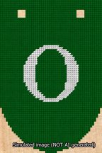 A simulated image of the stitched needlepoint design: Banner 13m Rounded O White on Green. Not A.I. generated.