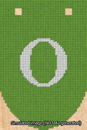 A simulated image of the stitched needlepoint design: Banner 13m Rounded O White on Light Green. Not A.I. generated.