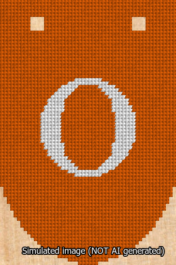 A simulated image of the stitched needlepoint design: Banner 13m Rounded O White on Orange. Not A.I. generated.