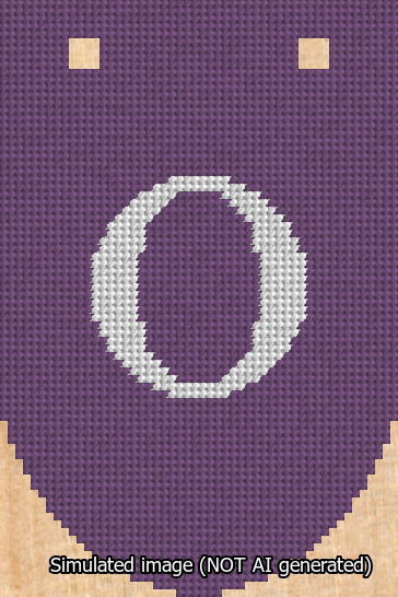 A simulated image of the stitched needlepoint design: Banner 13m Rounded O White on Purple. Not A.I. generated.