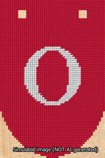 A simulated image of the stitched needlepoint design: Banner 13m Rounded O White on Red. Not A.I. generated.