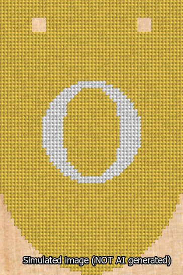 A simulated image of the stitched needlepoint design: Banner 13m Rounded O White on Yellow. Not A.I. generated.