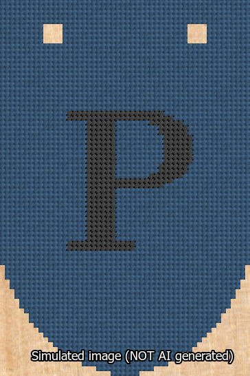 A simulated image of the stitched needlepoint design: Banner 13m Rounded P Black on Blue. Not A.I. generated.