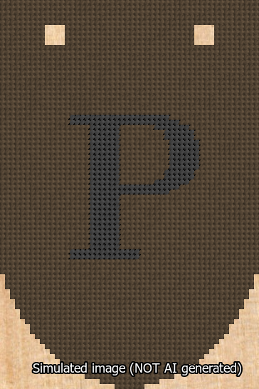 A simulated image of the stitched needlepoint design: Banner 13m Rounded P Black on Brown. Not A.I. generated.