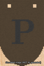 A simulated image of the stitched needlepoint design: Banner 13m Rounded P Black on Brown. Not A.I. generated.