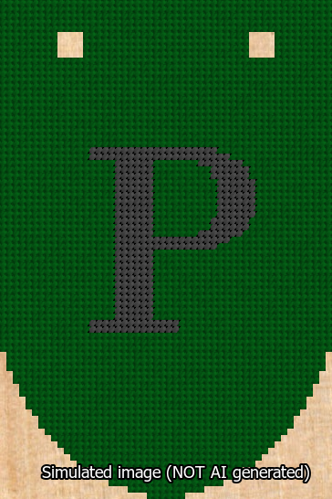 A simulated image of the stitched needlepoint design: Banner 13m Rounded P Black on Green. Not A.I. generated.