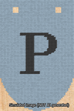 A simulated image of the stitched needlepoint design: Banner 13m Rounded P Black on Light Blue. Not A.I. generated.