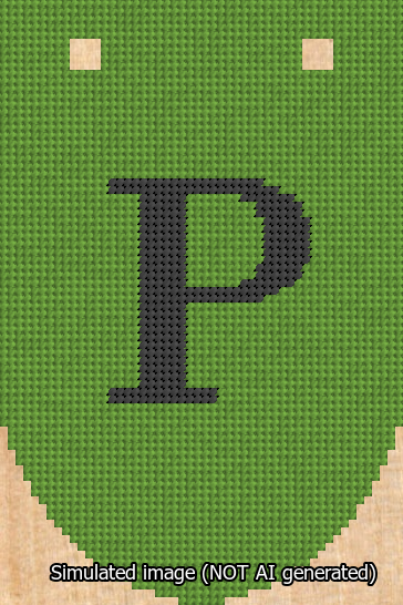 A simulated image of the stitched needlepoint design: Banner 13m Rounded P Black on Light Green. Not A.I. generated.
