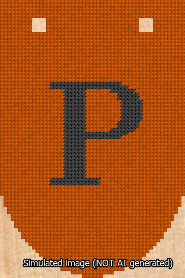 A simulated image of the stitched needlepoint design: Banner 13m Rounded P Black on Orange. Not A.I. generated.