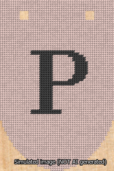 A simulated image of the stitched needlepoint design: Banner 13m Rounded P Black on Pink. Not A.I. generated.