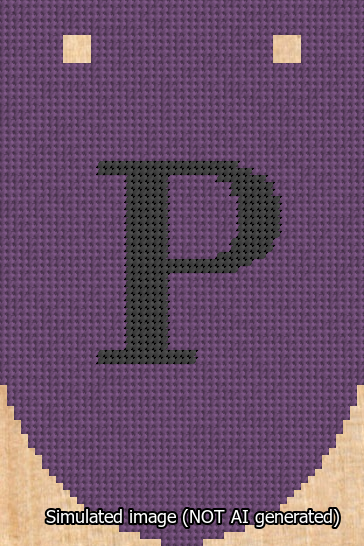 A simulated image of the stitched needlepoint design: Banner 13m Rounded P Black on Purple. Not A.I. generated.