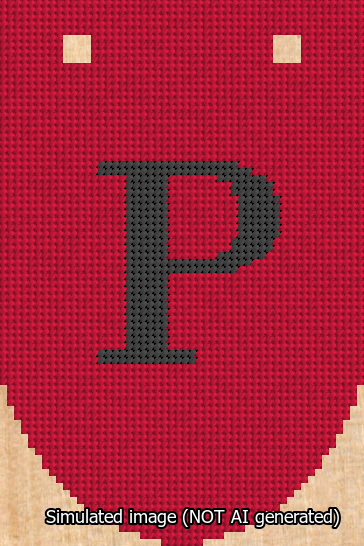 A simulated image of the stitched needlepoint design: Banner 13m Rounded P Black on Red. Not A.I. generated.