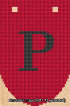 A simulated image of the stitched needlepoint design: Banner 13m Rounded P Black on Red. Not A.I. generated.