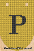 A simulated image of the stitched needlepoint design: Banner 13m Rounded P Black on Yellow. Not A.I. generated.