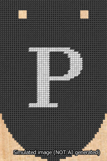 A simulated image of the stitched needlepoint design: Banner 13m Rounded P White on Black. Not A.I. generated.