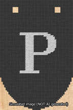 A simulated image of the stitched needlepoint design: Banner 13m Rounded P White on Black. Not A.I. generated.