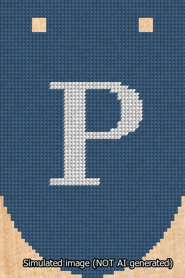 A simulated image of the stitched needlepoint design: Banner 13m Rounded P White on Blue. Not A.I. generated.